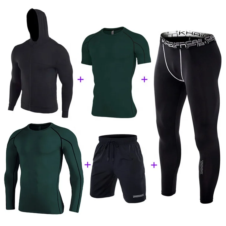 5 piece in set men quick dry training wear set gym clothes running suits breathable running  wear sport suit for man