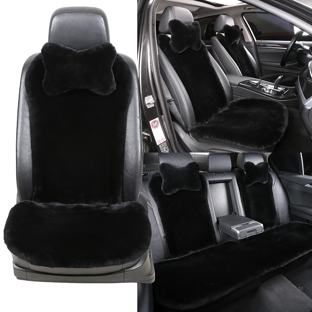Black Genuine Shearling Sheepskin Auto Seat Cover for Car Accessories Interior