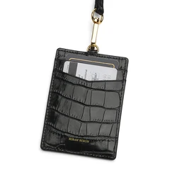 Hiram Beron Italian Cow Leather Name Tag ID Card Holder Lanyard