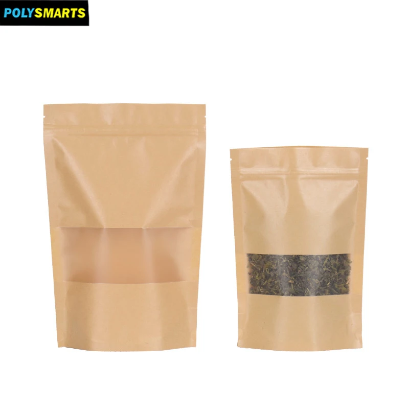 polysmarts Eco friendly Kraft Paper Zipper Bag Stand Up Pouch With Clear Window For Herbal Tea,Spices Packaging