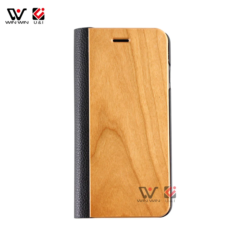 Hot Sale Natural Wood Genuine Leather Flip Mobile Phone Case For iPhone 6 7 8