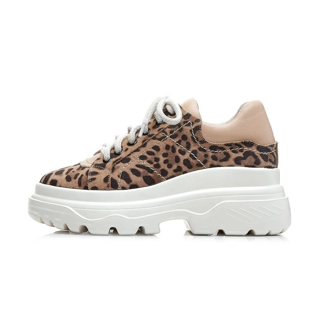 
MANRINO-0376 Unit Thick Sole Sports Shoes Lace Up Leopard Print Suede Upper Girls Fashion Sneakers 