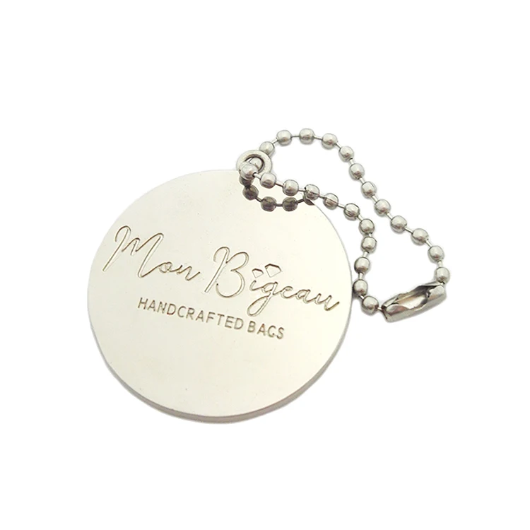 Round shape silver logo engraving handbag metal hang tags with ball chain