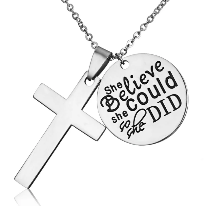 wholesale silver jewelry cross pendant necklace custom coin engraved she believe she could so she did necklace