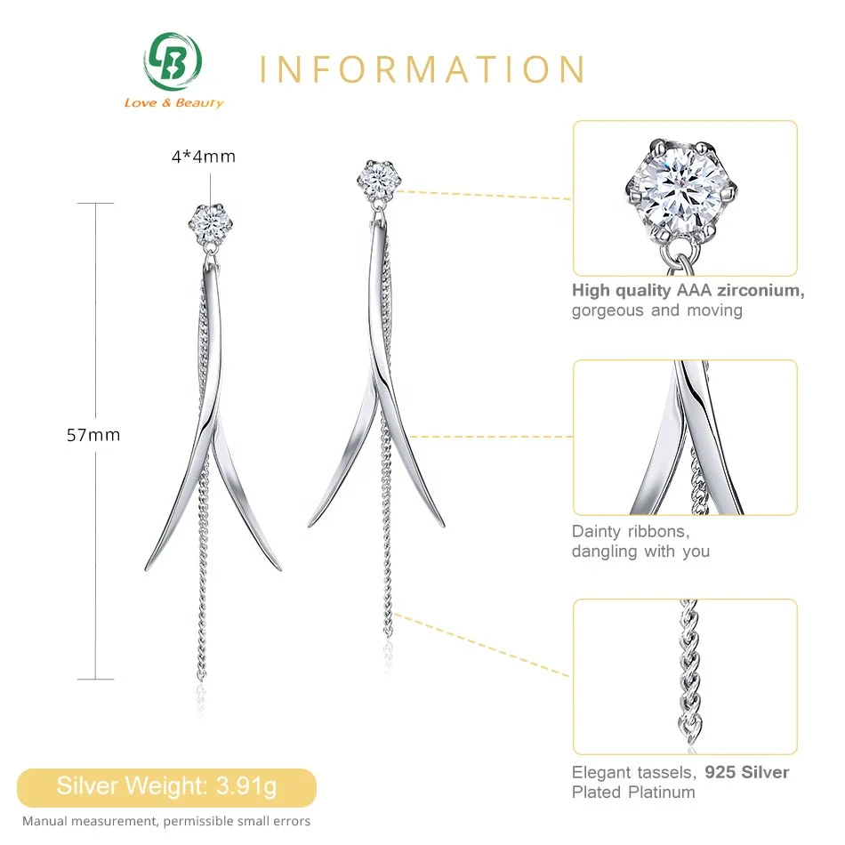 Dainty white gold CZ 925 Sterling silver dangle twisted ribbon drop tassel earrings