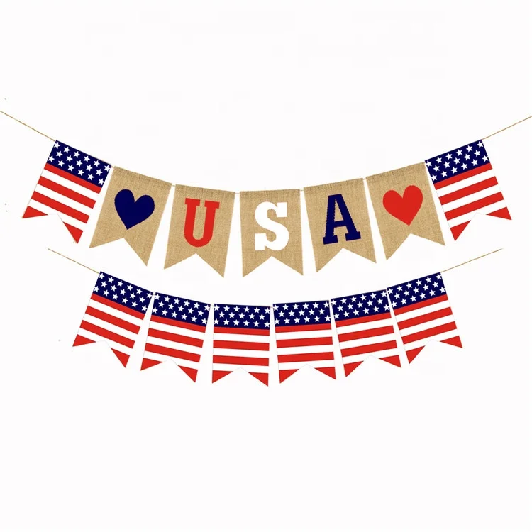 American Independence Day Party Flag DIY USA Jute Burlap Bunting Banner Flags United States National Day Flag Banner Decoration