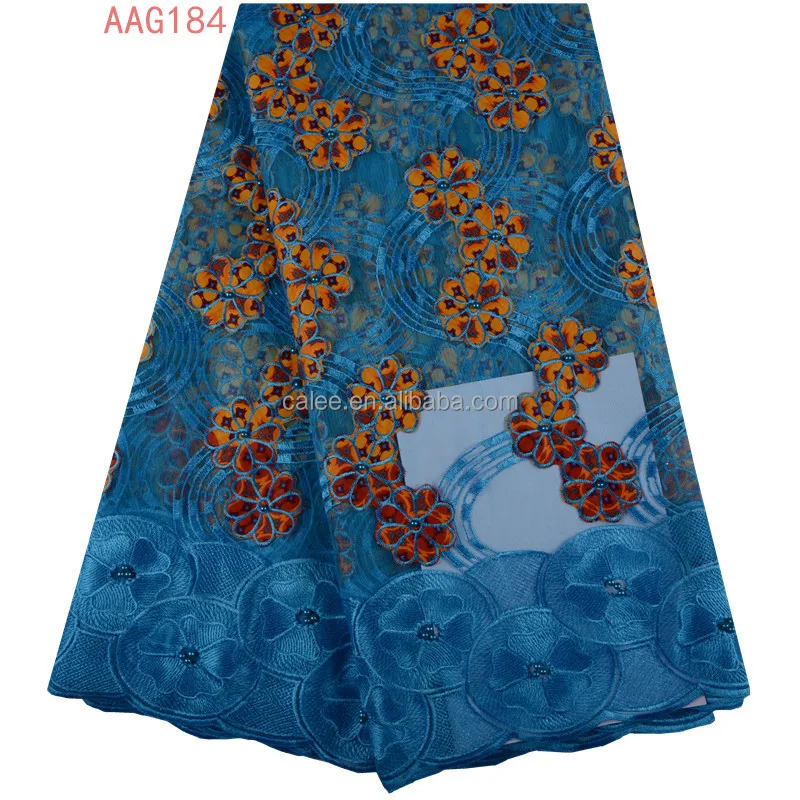 
Blue color 2018 Best selling Nigerian Wax Lace Fabric african 100% cotton wax lace printing fabric with beads 