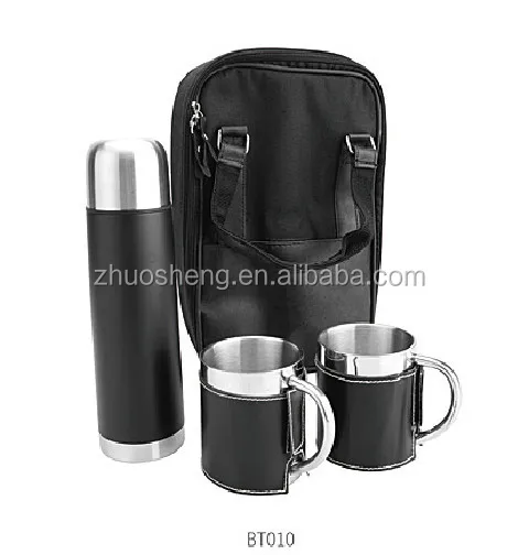 Hot seller stainless steel vacuum water flask with carry strap 750ml +2*300ml with black leather