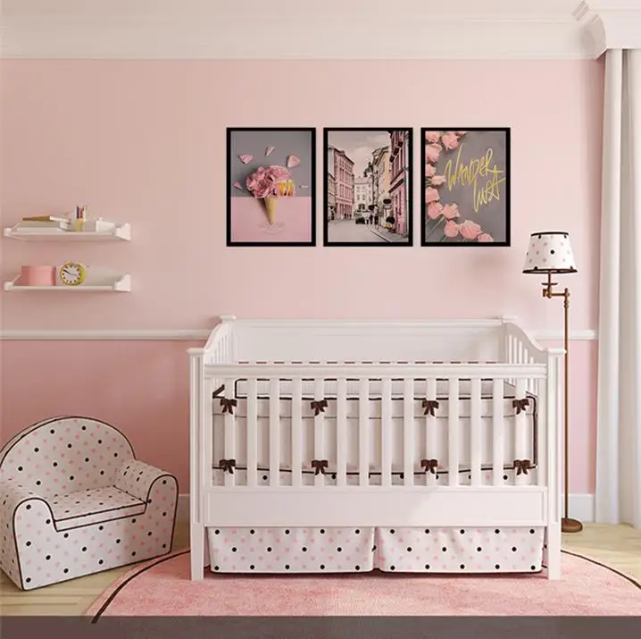 Abstract oil painting pink city 3 pieces canvas painting for bedroom