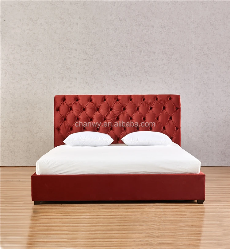 Luxurious Red Colour Velvet Fabric Bed with High Headboard