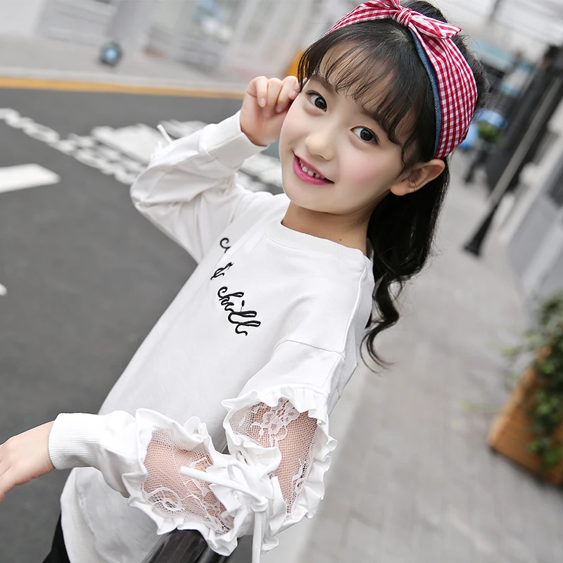 
Cotton Fabric Girls Boutique Long Sleeve T-shirt Embroidered Lace Kids Hoodies 