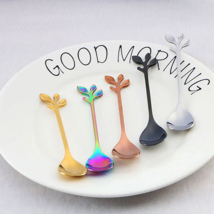 Вилка и ложка для торта с листьями, набор красочных маленьких вилок и ложек для торта из нержавеющей стали