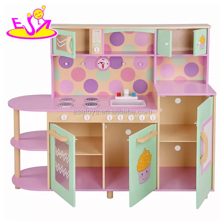 New design pretend play toys wooden red play kitchen for children W10C282
