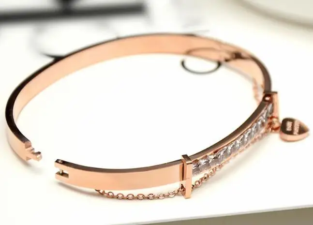 Stainless Steel Stones And Heart Charm Metal Bracelet