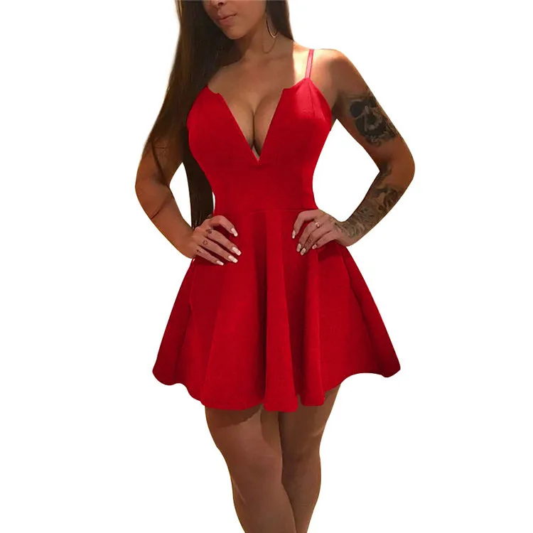 
D3125 Woman Short Strap High Waist BacklessEvening Party Sexy Club Skater Dress 