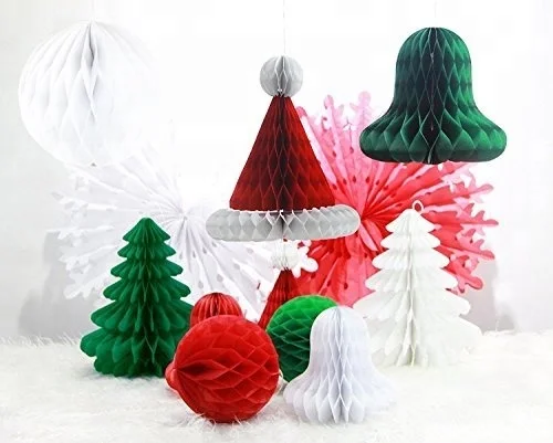 Mery Christmas Decorations Paper Honeycomb Tree, Ball, Bell,Hat & Snowflake Fan Honeycomb Decorations