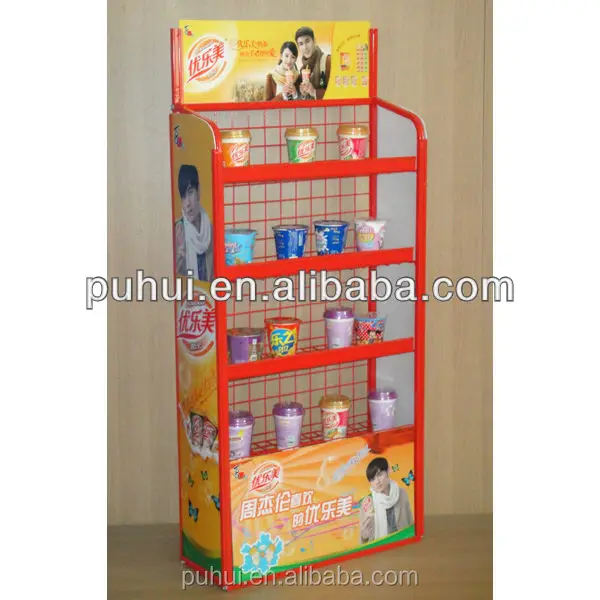 grocery store hot sales multi layer steel wire frame rack  floor snack food display stand with logo header
