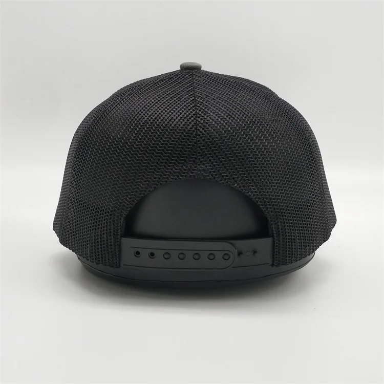 Wholesale Oem Customised Logo High Quality 6 Panel Blank Mesh Snap Back Grey 112 Trucker Caps Hat With Embroidery Patch