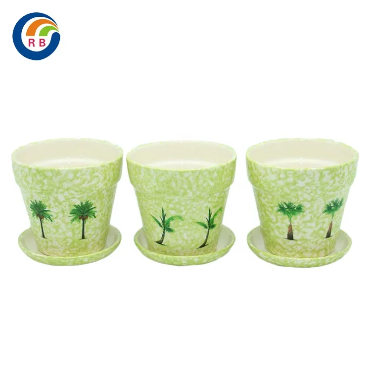 Small Green Tropical Themed Ceramic Flower Planters with saucer for Succulents and Cactus Set of 3