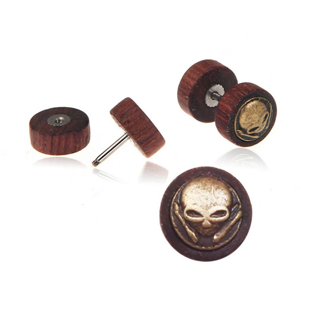 Round Skull Korean Ear Stud Wholesale Wood Earring For Men