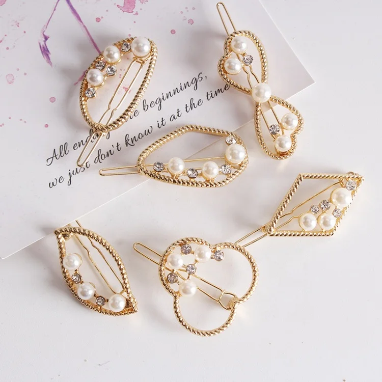 Europe and America metal hair pin fashion geometric pearl hair clip word hair clip headwear