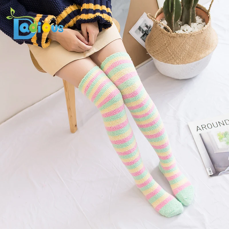 Original Cute Women Adult Stockings Hot Teen Girls Fuzzy Socks Knee socks Stripe Knee High Sock