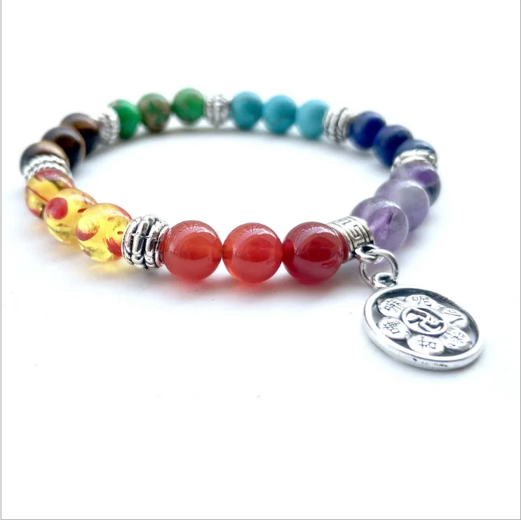 New 7 Chakra Healing Crystal Gem Stone Beads Tree of Life Lotus OM Symbol Natural Stone Stretch Bracelet