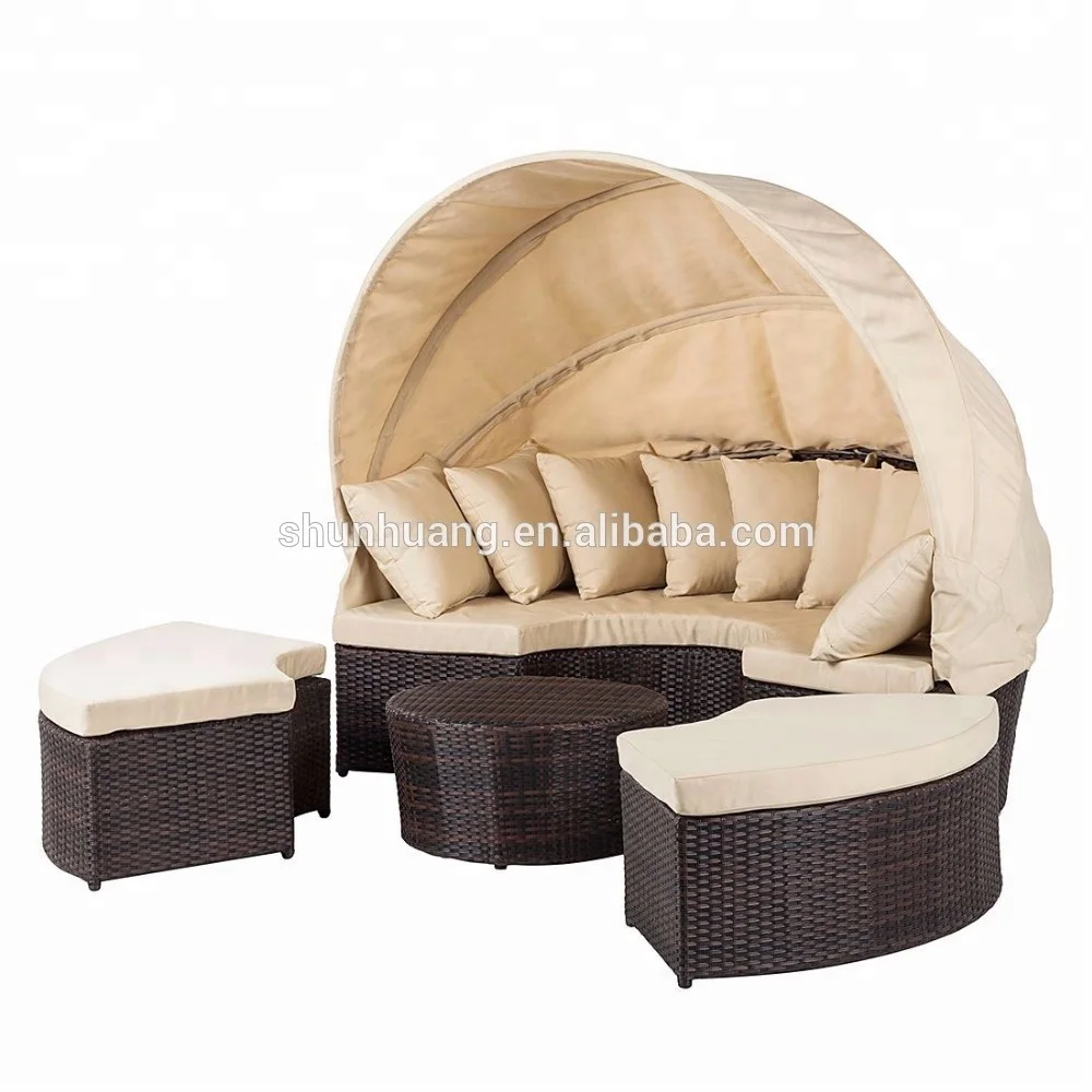 New style round shape lounge chair PE rattan beach day bed with canopy for sea beach