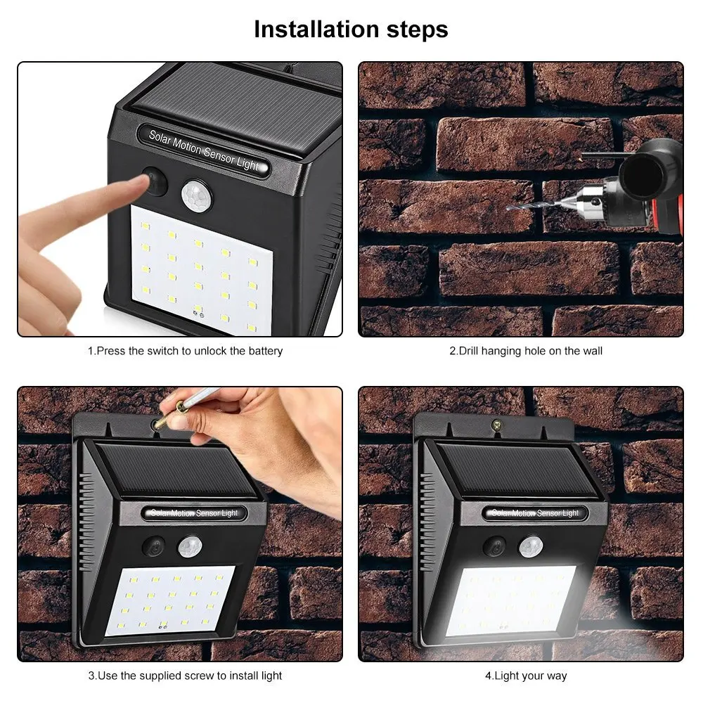 HOWPOW Waterproof 20 LED Solar Power PIR Motion Sensor LED Light for Outdoor Pathway Garden Wall