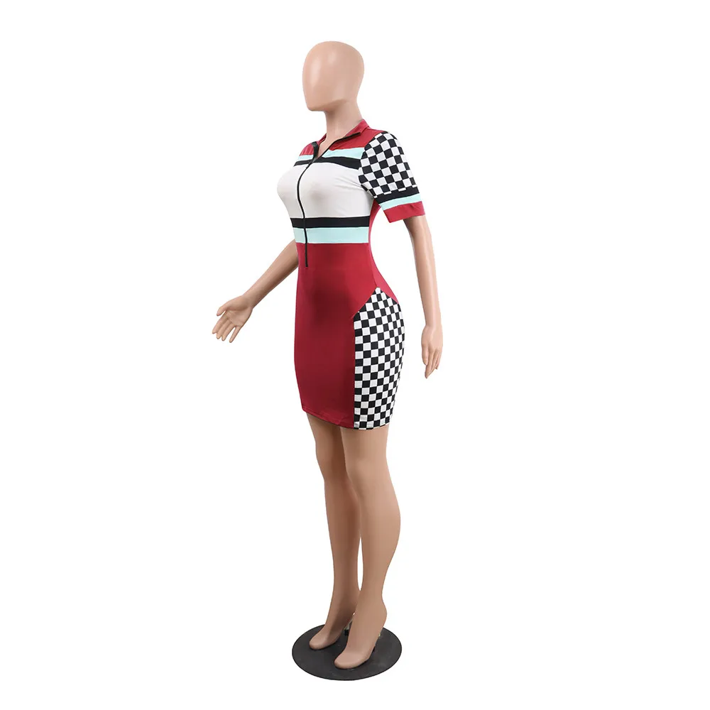 
Ready to ship OEM ODM WA8555 sexy short sleeve sheath zipper front checkered cheerleader dresses 