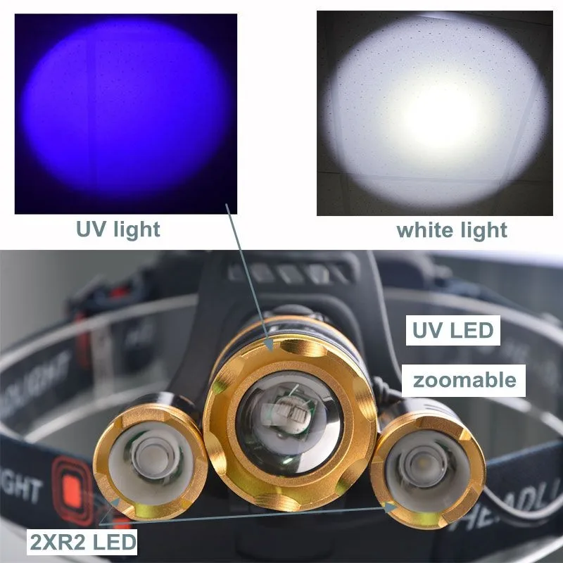 multi-functional uv and white head lamp amber detector led 395nm ultraviolet zoom headlamp