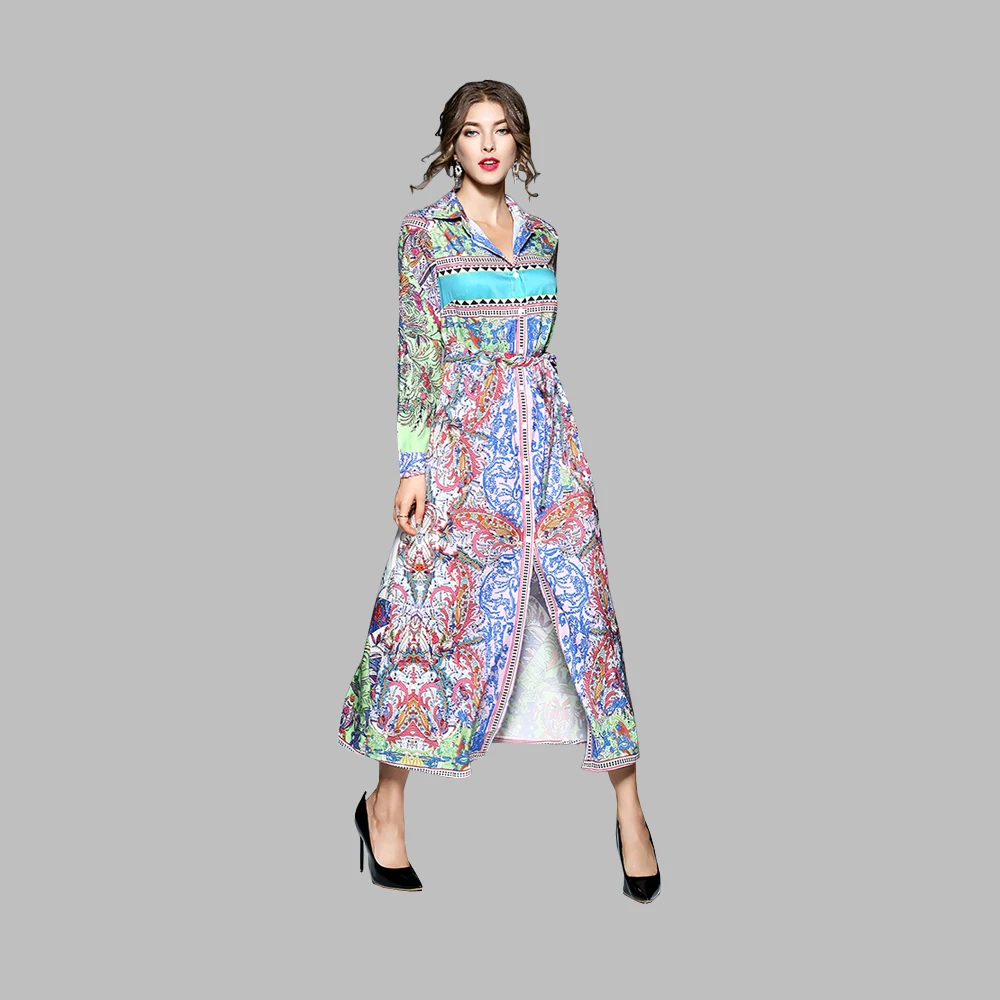 Latest fashion lapel printing ladies dresses for party