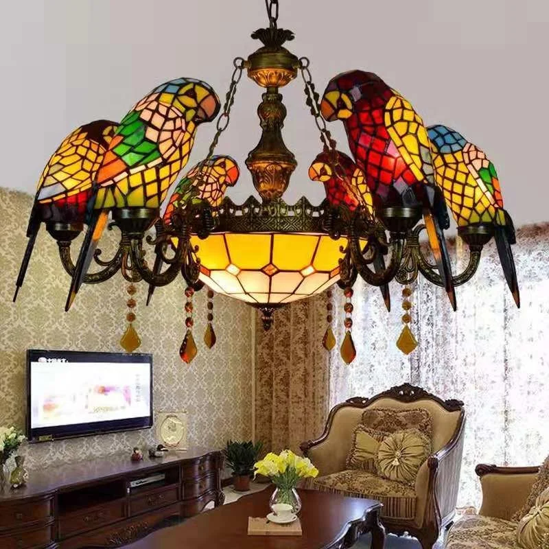Tiffany Stained Glass Pendant Chandeliers Parrot Birds Hotel Lamp Lights for Vintage Style