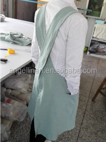 Popular plain housewife / coffee shop /bar use high quality 100% pure linen cross apron with pockets