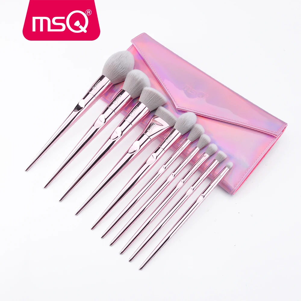 MSQ 10 Pieces Plastic Handle with Metal Plating and Rainbow Shiny Hand Case Makeup Brush Kit