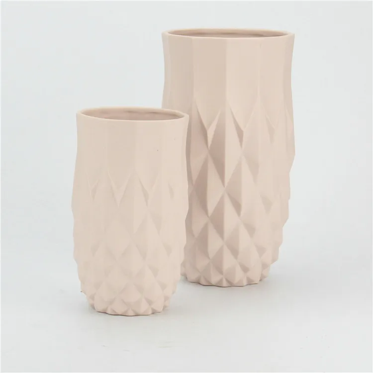 Unglazed Nude Matt Rhombus Fluted Table Decorative Ceramic Flower Vase