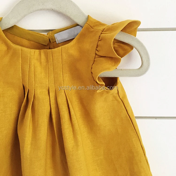New fashion kids linen frocks dress ruffle design,wholesale summer baby girl boutique dress with frills sleeved