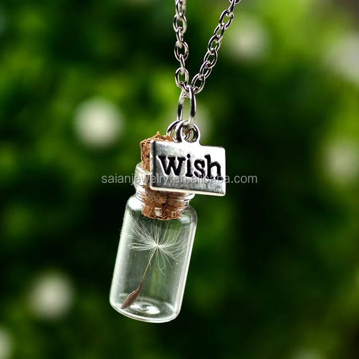 Natural dandelion seed glass bottle necklace long necklace Make A Wish Glass Bead Pendant