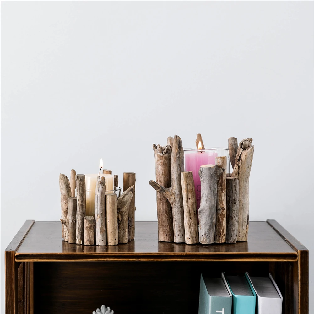 
Medium Natural Driftwood Hurricane Candle Holder with glass cup and tealight 
