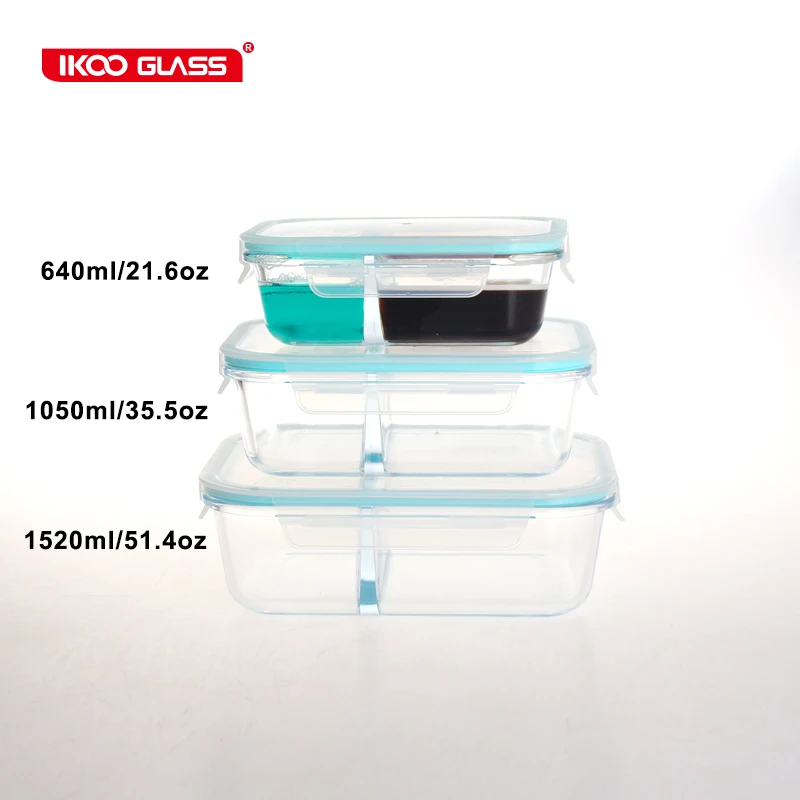 IKOO microwavable bento lunch box 2 compartments glass food storage containers with PP lids