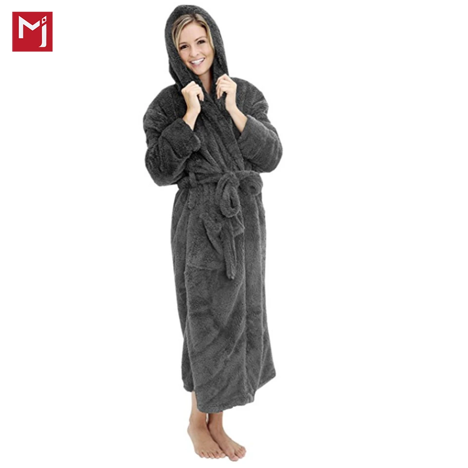 
Womens Fleece Robe, Long Hooded Bathrobe 