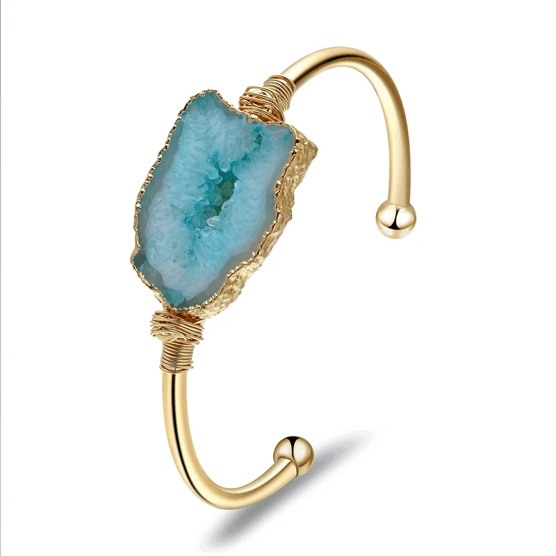 Bojiu Druzy Amethyst Natural Stone Gold Wrapped Bangle Bracelet