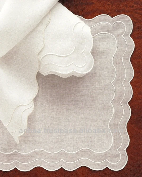 100% linen embroidered scallop edge placemats
