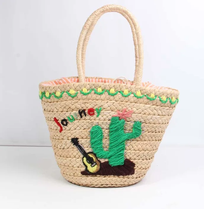 
Hot sale women summer natural raffia straw embroid travel shopping top handle and zipper pocket beach fashion tote bag 