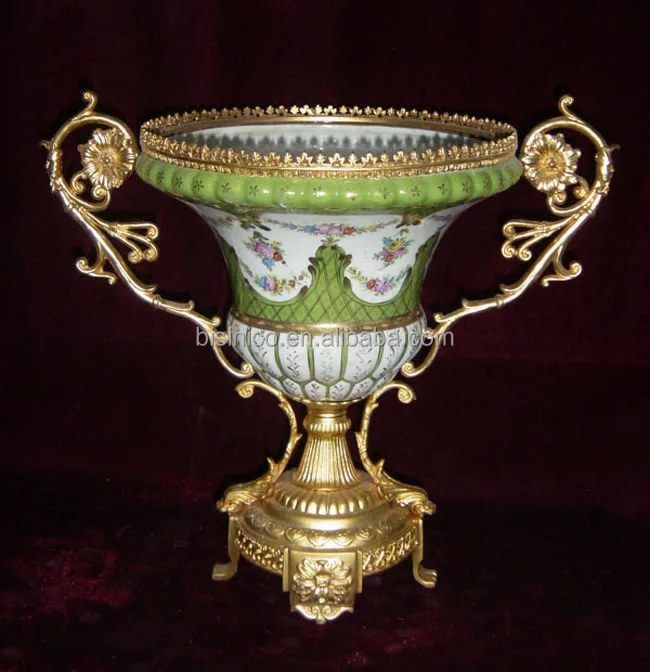 
Floral Design Ceramic Fruit Bowl with Gilt Copper Mounted and Base 