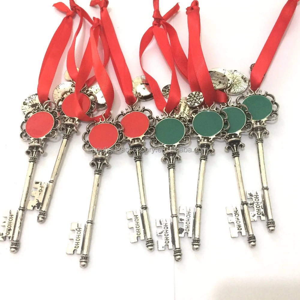 Античное серебро, персонализированный эмалированный диск, волшебные ключи Санты, ювелирные изделия в форме ключа, Рождественское украшение, ключ Санты