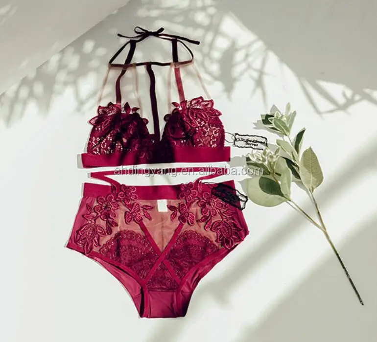 M953 Runwaylover 2016 ladies wine red lace transparent three-dimensional embroidery bralette set bra lingerie