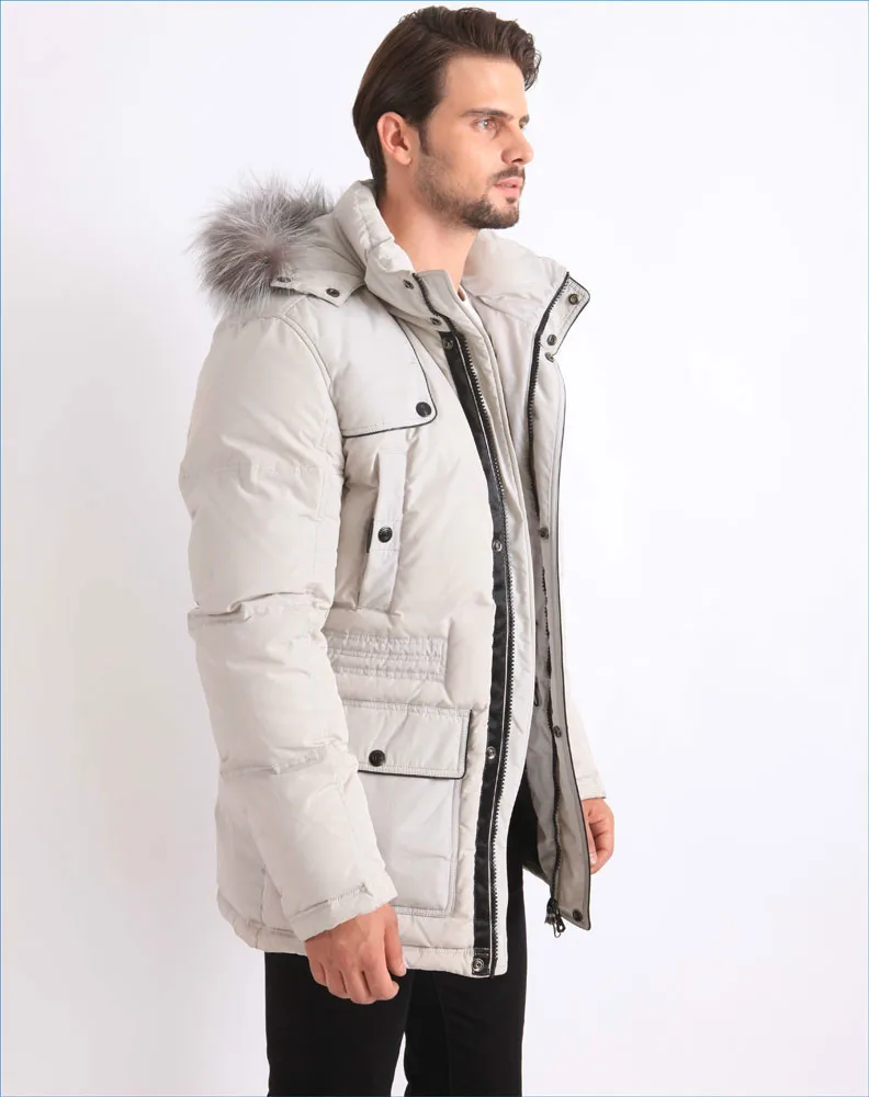Winter Feather Down Filled Coat White Parka Fur Hooded for Men