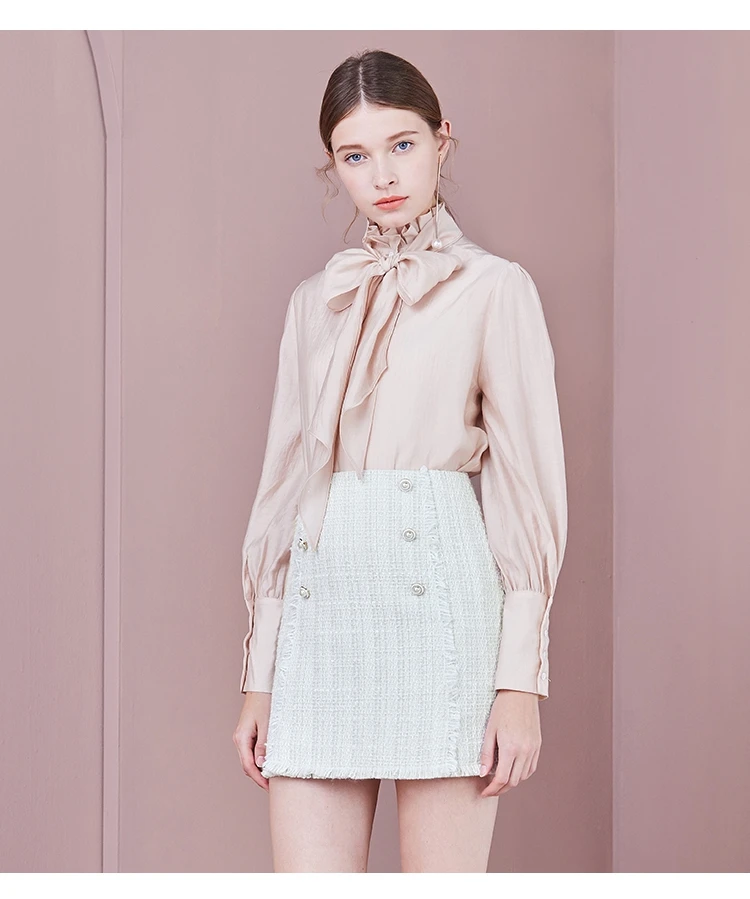 Women Fitting High Waisted Mini Length Pearl Button Jacquard Skirt