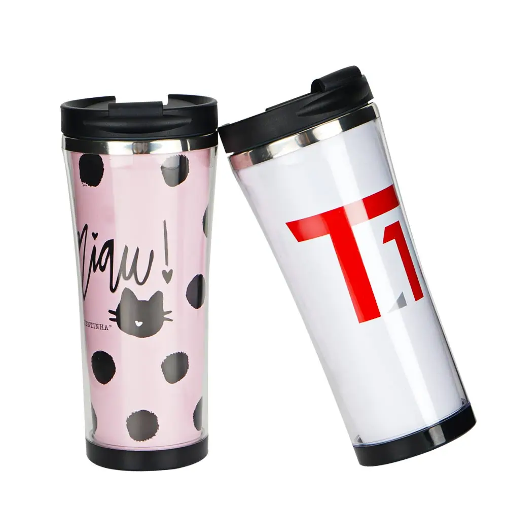 Reusable custom printed plastic cup insulated photo insertable travel mug tumbler